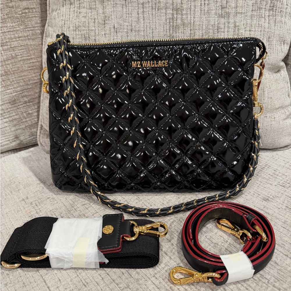 ⭐️ MZ WALLACE Crosby Pippa crossbody  Bag In Black Lacquer/gold NEW  3 straps - Picture 4 of 16